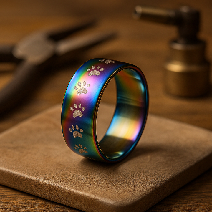 Handcrafted rainbow-coloured stainless steel ring with paw print.